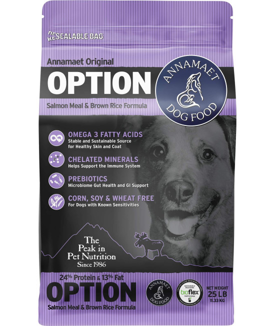 Annamaet Original Option Formula Dry Dog Food, 24% Protein (Salmon & Brown Rice), 25-lb Bag