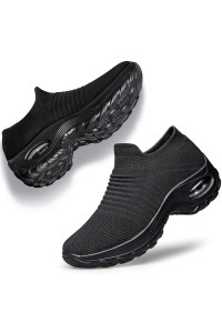 YHOON Womens Walking Shoes - Sock Sneakers Slip on Mesh Platform Air cushion Athletic Shoes Work Nurse comfortable Black 7