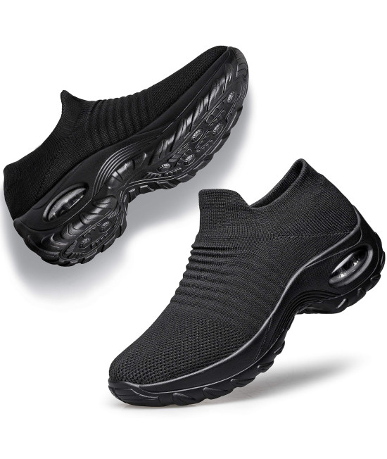 YHOON Womens Walking Shoes - Sock Sneakers Slip on Mesh Platform Air cushion Athletic Shoes Work Nurse comfortable Black 7