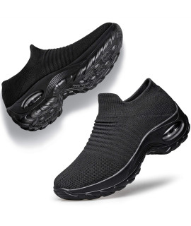 YHOON Womens Walking Shoes - Sock Sneakers Slip on Mesh Platform Air cushion Athletic Shoes Work Nurse comfortable Black 8