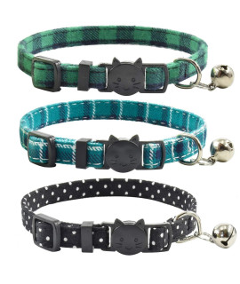 Breakaway Cat Collars With Bell, Set Of 3, Durable & Safe Cute Kitten Collars Safety Adjustable Kitty Collar For Cat Puppy 75-11In (Green,Cyan,Black)