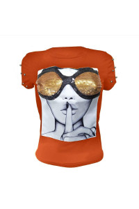 Pesion Womens Short Sleeve T-Shirt Sequined Tops O-Neck Funny Graphic Tees Blouse Orange