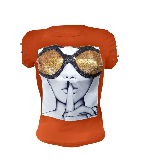 Pesion Womens Short Sleeve T-Shirt Sequined Tops O-Neck Funny Graphic Tees Blouse Orange