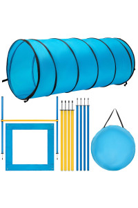 DEStar Dog Agility Equipment Pet Obstacle Training Course Kit with Tunnel Adjustable Hurdles Poles Carry Bag