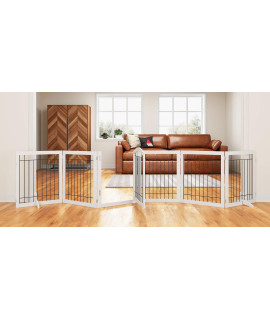 PAWLAND 144-inch Extra Wide 30-inches Tall Dog gate with Door Walk Through, Freestanding Wire Pet Gate for The House, Doorway, Stairs, Pet Puppy Safety Fence, Support Feet Included, White,6 Panels
