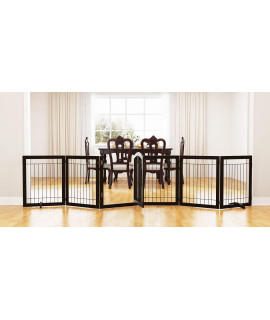 PAWLAND 144-inch Extra Wide 30-inches Tall Dog gate with Door Walk Through, Freestanding Wire Pet Gate for The House, Doorway, Stairs, Pet Puppy Safety Fence, Support Feet Included, Espresso,6 Panels