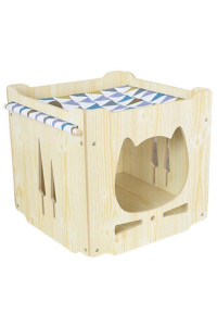 S-Lifeeling Wooden Cat House Rabbit Hideout with Hammock Stackable Collapsible Cat Kity Cube Room Splicing Bunny Cat Climbing Combination