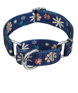 Martingale Collar Floral Print Dog Collar - Dazzber No Pull Pet Collar, Heavy Duty Adjustable Dog Collar, Medium, Neck 14 Inch -21 Inch, Elegant Flowers (Dark Blue)