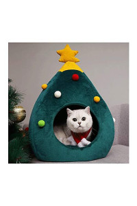 FILOL Christmas Cute Cat House Half Closed Warm Soft Winter Pet Cat Litter Portable Outdoor Pet House for Cat, Kitty or Puppy; Perfect Bed Cave or Shelter (Green)