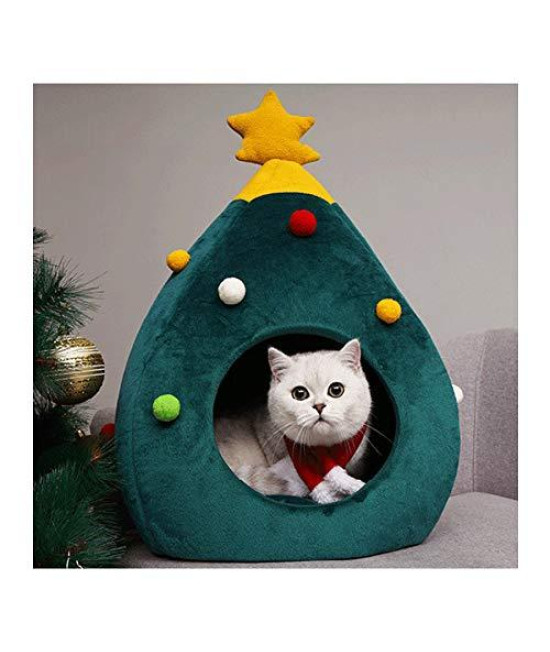 FILOL Christmas Cute Cat House Half Closed Warm Soft Winter Pet Cat Litter Portable Outdoor Pet House for Cat, Kitty or Puppy; Perfect Bed Cave or Shelter (Green)