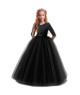 Flower girl Long Princess Dress Vintage Lace Maxi gown Kids Formal Wedding Bridesmaid Pageant Tulle Dresses Little Big girls Elegant Bowknot Dance First communion Birthday Prom Dresses Black 13-14Y