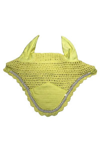 Horse Ear Net Bonnets/Fly Veil with Scalloped Edge and Rope and Bling Trim (Lemon Yellow & Light Silver Rope)