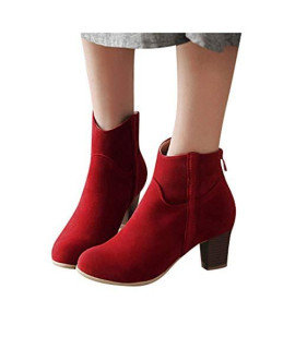 Women's Flat Leather Booties, Casual Solid Color Retro Lace up Boots Side Zipper Round Toe Shoe Slouch Boots Red