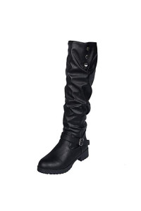 Women Ladies Retro Low-Heeled Shoes Buckle Add Cotton Long Tube Knight Boots Black