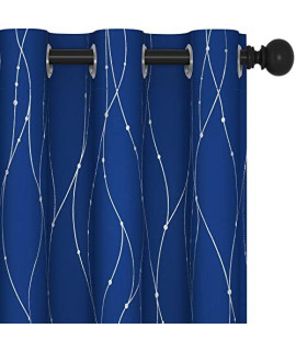Deconovo Patterned Blackout Curtains For Living Room, 90 Inch Long - Grommet Window Curtains, Wave Line With Dots Printed For Living Room (38 X 90 Inch, Royal Blue, 2 Panels)