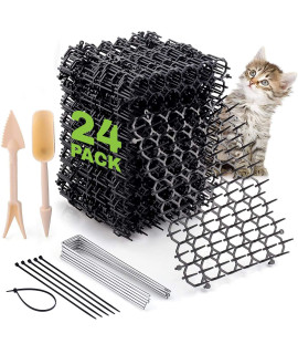 Cat Scat Spike Strips (24Pack) - Pet and Dog Deterrent Prickle Mat for Garden, Porch, Home - Effective, Non-Invasive and Safe - Easy to Install - Includes 6 Garden Pegs, 12 Ties and 2 Gardening Tools