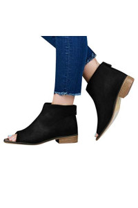 Ankle Boots, Women's Casual Bare Double Buckle Zipper Booties Boots Round Toe Square Chunky Heel Short Boots Black