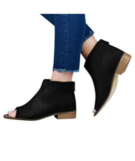 Ankle Boots, Women's Casual Bare Double Buckle Zipper Booties Boots Round Toe Square Chunky Heel Short Boots Black
