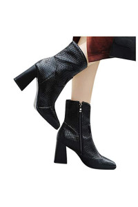 Ankle Boots High Heel Womens,Sexy Women's Pointed Toe Ankle Booties Block High-Heeled Snake Print Waterproof Zipper Shoes Large Size Boot Black