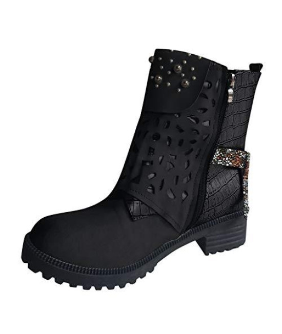 Ankle Boots Combat Booties Womens,Fashion Women?s Low-Heeled Cut Out Ankle Booties Comfortable Hollow Round Toe Shoes Motorcycle Combat Boots Black
