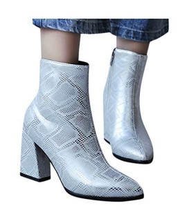 Women's Flat Leather Booties, Casual Solid Color Retro Lace up Boots Side Zipper Round Toe Shoe Slouch Boots White