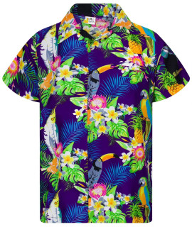 King Kameha Funky Hawaiian Shirt, Shortsleeve, Parrot Cockatoo, Purple, Xxl