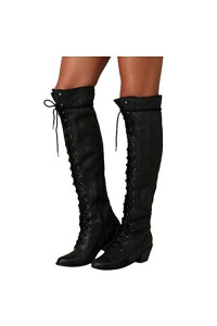 Women's Western Knight Long Boots Outdoor Round Toe Low Heeled Lace Up High Tube Boots Black
