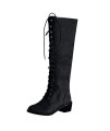 Women's Western Knight Long Boots Outdoor Round Toe Low Heeled Lace Up High Tube Boots Black