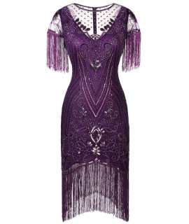 Fairy Couple Womens 1920S Lace Neck Great Gatsby Dress Sequin Art Deco Flapper Dress With Sleeve D20S028 S Purple