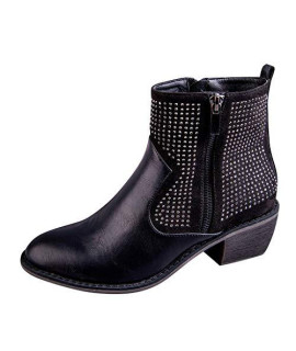 New Women's Winter Booties Thenlian Classic Round Toe Low-Heeled Lace-Up Shoes Embroidered Western High Boot Black