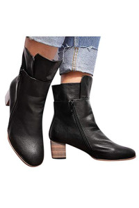 Women Fashion Zipper Ankle Boot Casual Big Size Single Shoes Ladies Casual Large Size Low Heel Thick with Solid Color Short Boots Black