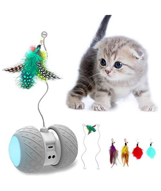 MalsiPree Robotic Interactive Cat Toy, Automatic Feather/Ball Teaser Toys for Kitten/Cats, USB Rechargeable Electronic Kitty Toy, Large Capacity Battery, All Floors/Carpet Available, 4 Bonus Feathers