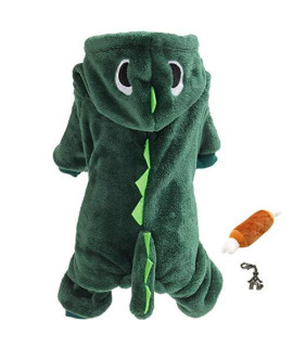 Cute Plush Cartoon Pet Costume Pajama Coat with Chew Toy and Dog House Charm - Choice of Character - Dog Sizes XS Thru XL (Green Dragon Dinosaur, L - Chest 18"- 20", Back 13.5")