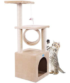 COZIWOW 3-Level Cat Tower Cat Tree Condo - Scratching Post Pad Pet Furniture Kitten Activity Tower Kitty Play House Beige with Paw Print,36" H