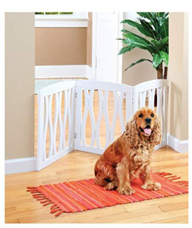 Zoogamo 3 Panel White Wooden Waves Design Pet Gate - Freestanding Tri Fold Durable Wooden Dog Fence - Indoor / Outdoor Barrier for Stairs & Doorways