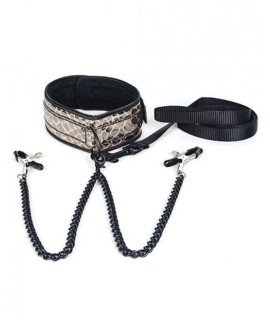 Spartacus Faux Leather collar & Leash Black Nipple clamps gold
