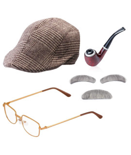 Beelittle Old Man costume grandpa Accessories Men Newsboy cap Ivy Beret Hat costume glasses (Khaki)