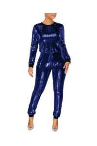 Eosiedur Womens 2 Piece Outfits & Glitter Sequin Metallic Top And Pants Set Silver & Blue M