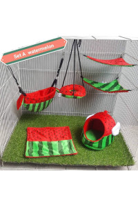 6 Pieces/Set Cage Nest Set for Sugar Glider, Hamster, Squirrel, Marmoset, Chinchillas, Small Exotic Pet Cage Set A Watermelon Pattern Green Red Color
