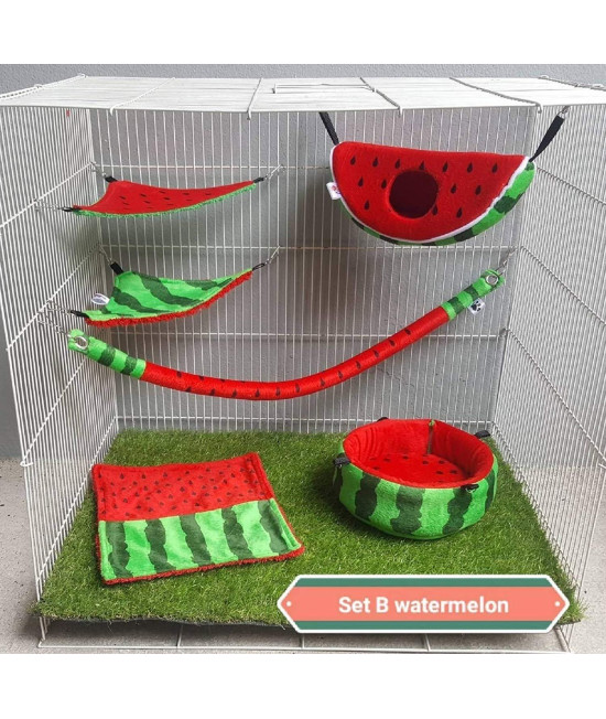 6 pieces/Set Cage Nest Set for Sugar Glider, Hamster, Squirrel, Marmoset, Chinchillas, Small Exotic Pet Cage Set B Watermelon Pattern Green Red Color