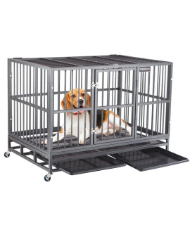 37/48 Inch Heavy Duty Indestructible Dog Crate Cage Kennel with Wheels, Escape Proof Dog Crate for Large Dogs, Extra Large XXL Dog Crates Indoor with Sturdy Lock, Double Door Removable Tray