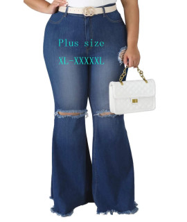 HannahZone Womens Ripped Bell Bottom Plus Size Jeans Stretch High Waist Flared Jean