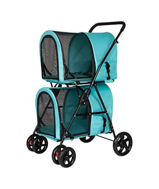 Double Layer Pet Stroller 4 Wheels for Small Medium Dogs and Cats, Large Space Dog Cart with Detachable Carrier Easy One-Click Folding Folding Two-Way Import and Export
