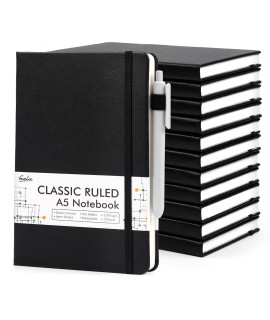 12 Pack Notebooks Journals Bulk with 12 Black Pens, Feela A5 Hardcover Notebook classic Ruled Journal Set with Pen Holder for School Business Work Travel Writing, 120 gSM, 51Ax83A, Black