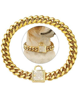 Tobetrendy Cuban Link Dog Collar Designer Gold Chain Collar with Zirconia Locking 14mm Metal Puppy Collar Luxury Dog Bling Necklaces. (14MM, 22")