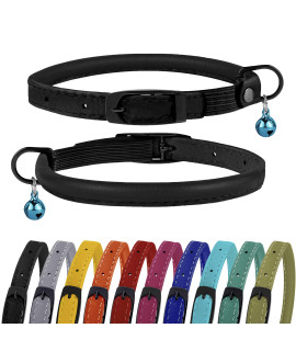 BRONZEDOg cat collar with Bell Safety Rolled Leather collars for cats Kitten Black Blue Pink green Yellow grey (8 - 10, Black Midnight)