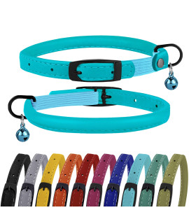 BRONZEDOg cat collar with Bell Safety Rolled Leather collars for cats Kitten Black Blue Pink green Yellow grey (8 - 10, Aqua Blue)