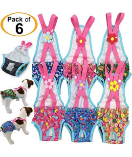 Pack of 6 Female Dog Diapers Sanitary Pantie Washable Reusable with Suspenders Stay On for Small Pet (S: Waist 14" - 16", Pack of 6 Colors)
