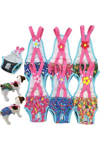 Pack of 6 Female Dog Diapers Sanitary Pantie Washable Reusable with Suspenders Stay On for Small Pet (XXS: Waist 8" - 12", Pack of 6 Colors)