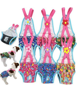 Pack of 6 Female Dog Diapers Sanitary Pantie Washable Reusable with Suspenders Stay On for Small Pet (XXS: Waist 8" - 12", Pack of 6 Colors)